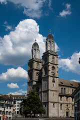 The twin towers of Grossmunster church in Zurich city Switzerland. Sunny summer day, no people