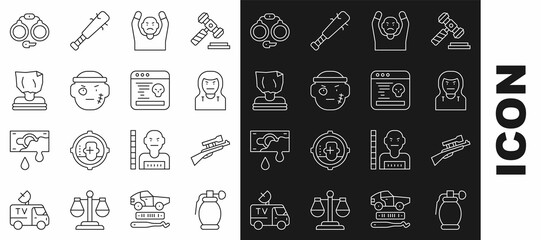 Set line Hand grenade, Sniper rifle with scope, Thief mask, surrendering hands up, Bandit, Kidnaping, Handcuffs and System bug icon. Vector