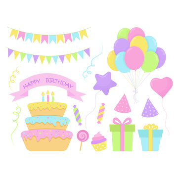 Cartoon birthday party collection. Cake, gifts, colorful balloons, garland, candles, confetti, heart, star. Isolated on white background
