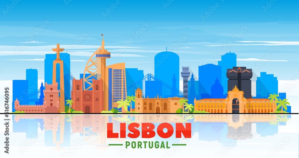 Wall mural lisbon ( portugal ) skyline with panorama in white background. vector illustration. business travel  - Wall murals
