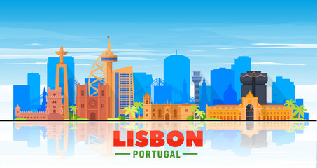 Lisbon ( Portugal ) skyline with panorama in white background. Vector Illustration. Business travel and tourism concept with modern buildings. Image for presentation, banner, web site.