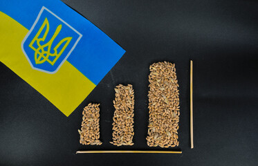 The flag of Ukraine and grains of wheat in the form of columns on a graph on a black background. 
