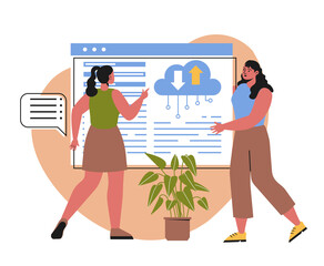People presenting project. Young smiling women talk about information technology with help of infographics. Characters develop user interface design or software. Cartoon flat vector illustration