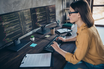 Profile side view portrait of attractive cheery girl editing source html debugging modify at...