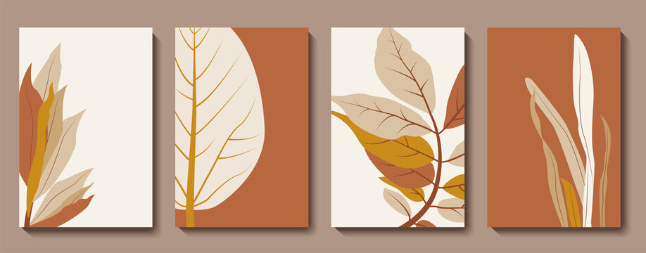 Abstract botanical wall art vector set. Boho leaf natural line art wallpaper. Tropical leaves and floral pattern minimal design for home wall art, social media post template. Vector illustration