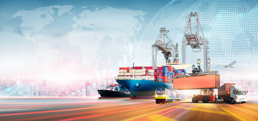 Global business logistics import export of containers cargo freight ship loading at industrial port...