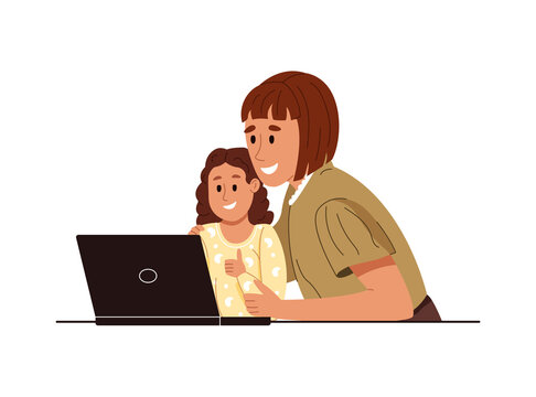 Happy Family Mother And Child Daughter Using Laptop Computer At Home. Smiling Mom Help Kid Girl Choose School Supplies At Online Web Store. Color Flat Vector Illustration