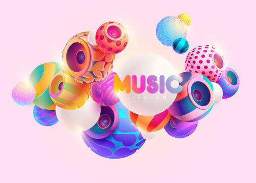 Music Poster Design With 3D Colorful Speaker. Abstract Musical Vector Poster.