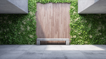 Concrete architecture, vertical garden wall and bench - 516747033