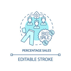 Percentage sales turquoise concept icon. Product price reduction. Type of discounts abstract idea thin line illustration. Isolated outline drawing. Editable stroke. Arial, Myriad Pro-Bold fonts used