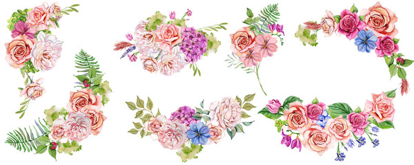 Set of watercolor bouquets. Blue and pink bouquet of flowers with delicate green fern leaves. Hydrangea, roses. Wedding watercolor garden. Spring flowers with greenery for printing, invitation