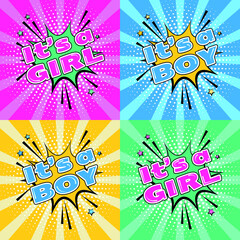 Baby shower poster set. Vector invitation in pop art style. Baby arrival and shower collection with lettering. It's a girl, it's a boy greeting card.