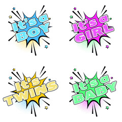 Baby shower poster set. Vector invitation in pop art style. Baby arrival and shower collection with lettering. It's a girl, it's a boy greeting card.