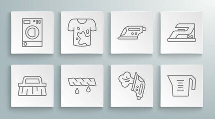 Set line Brush for cleaning, Dirty t-shirt, Squeeze clothes, Electric iron, Measuring cup, and Washer icon. Vector