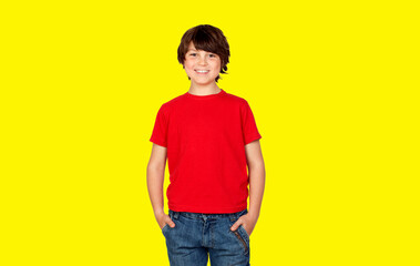 Cute brunette boy in red t shirt