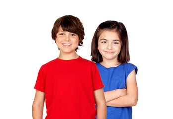 Childhood, fashion and people concept - happy smiling boy and girl looking at camera