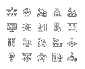 Smart farm simple line icon set. Innovative technologies for managing farm or agriculture. Automatic watering of plants and harvesting. Cartoon flat vector collection isolated on white background