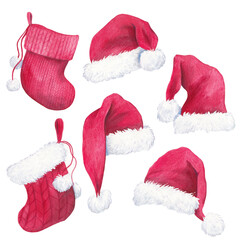 watercolor christmas Santa Claus hats, christmas socks, insulated elements on a white background