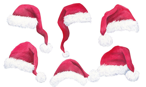 watercolor christmas Santa Claus hats, insulated elements on a white background