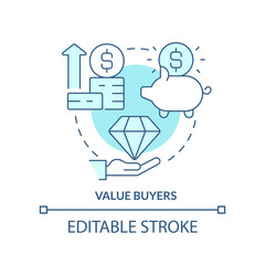 Value buyers turquoise concept icon. Product quality priority. Dealing with customers abstract idea thin line illustration. Isolated outline drawing. Editable stroke. Arial, Myriad Pro-Bold fonts used