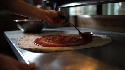 Pizza chef spreading tomato sauce on pizza base