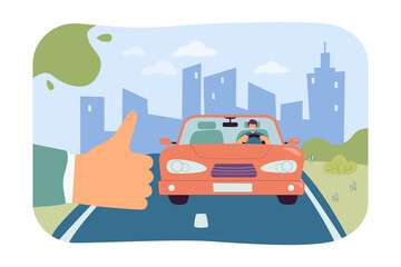 Thumbs up sign in background of road flat vector illustration. Person waiting for car and hitchhiking. Transport, tourism, trip, vehicle concept for banner, website design or landing web page