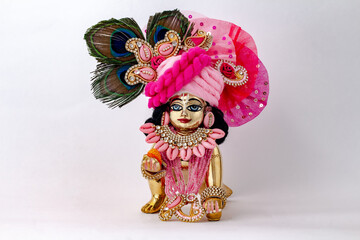Bal Krishna Laddu Gopal Brass Statue with beautiful Pink Cloths and Jewelry Krishna Janmashtami 
