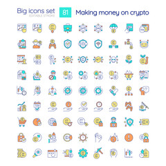 Making money on crypto RGB color icons set. Cryptocurrency stock market. Isolated vector illustrations. Simple filled line drawings collection. Editable stroke. Quicksand-Light font used