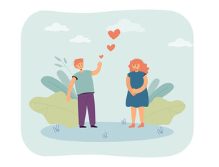 Little boy falling in love in girl flat vector illustration. Teenagers standing, talking, confessing their love. Romance, relationship concept for banner, website design or landing web page