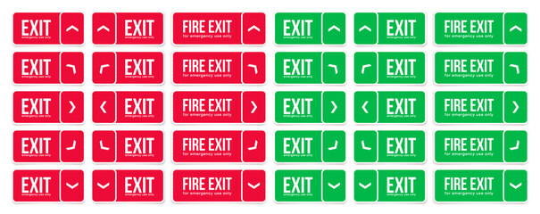 Set of emergency fire exit door icon. Red and green exit signs with different directions.