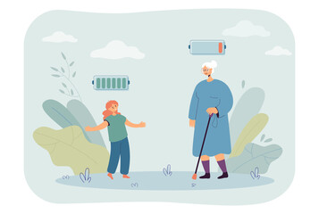 Little girl and elderly woman flat vector illustration. Low battery level above old lady and full battery level above kid. Ageing concept for banner, website design or landing web page