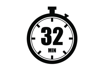 32 Minutes timers clock. Time measure. Chronometer vector icon black isolated on white background.