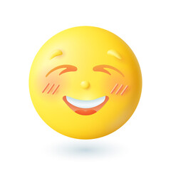 Fototapeta premium 3d cartoon style emoticon smiling with closed eyes icon. Cute happy yellow face with blush flat vector illustration. Emotion, expression, social media, happiness concept