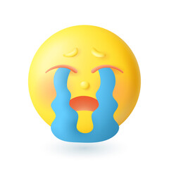 3d cartoon style upset emoticon crying icon. Sad yellow face expressing negative emotions or feeling pain flat vector illustration. Sadness, depression, sorrow concept