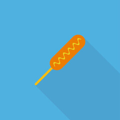 Hot dog icon with long shadow. Icon corn dog isolated on blue background. Street food icon. Fast food logo for menu cafeteria, pub, restaurant. Vector illustration in flat design