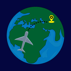 World round flights. Earth around aeroplane travel flight vector illustration, business plane globe trip, planet air tourism fly map