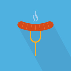 Sausage icon with long shadow. Grilled sausage on fork isolated on blue background. Street food icon. Fast food logo for menu cafeteria, pub, restaurant. Vector illustration in flat design