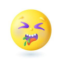 3d cartoon style sick vomiting emoticon icon. Exhausted yellow face showing disgust or illness flat vector illustration. Emotion, expression, fever, nausea concept