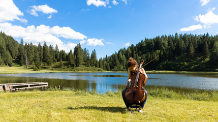Beautiful woman plays the cello in the mountains in the middle of a meadow near a lake.