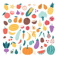 Vegetables, fruits, berries and mushrooms. Natural organic nutrition. Healthy food, dietetics products, fresh vitamin grocery products. Vector illustration in flat style