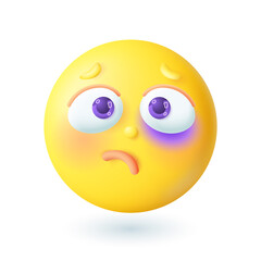 3d cartoon style upset emoticon with black eye icon. Bruised or injured sad yellow face on white background flat vector illustration. Emotion, expression, problem concept