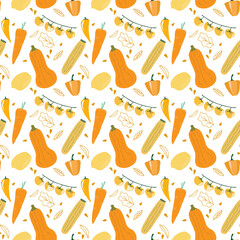 Seamless pattern background of orange and yellow vegetable in doodle art style