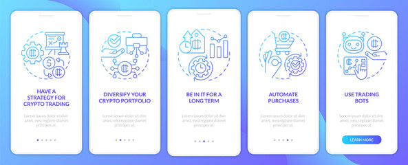 Cryptocurrency tips blue gradient onboarding mobile app screen. Making money walkthrough 5 steps graphic instructions with linear concepts. UI, UX, GUI template. Myriad Pro-Bold, Regular fonts used
