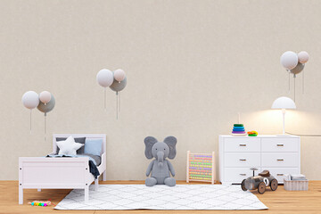 3d rendered illustration of a child bed room with large stuffed toy animal.