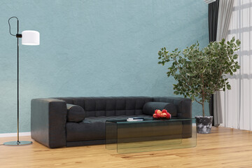 3d rendered illustration of a sunlit living room with large leather sofa.