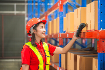 Warehouse worker with bar code scanner checking inventory, Female worker scanning boxes in...