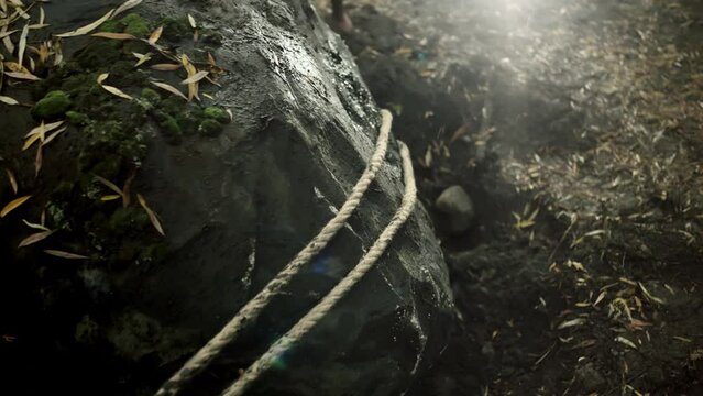 Close up of pulling the big stone with ropes