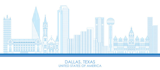 Outline Skyline panorama of city of Dallas, Texas, United States - vector illustration