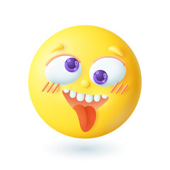 3d cartoon style emoticon putting out tongue icon. Crazy yellow face having fun, playing tricks flat vector illustration. Emotion, expression, joy, happiness concept