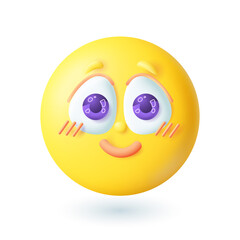 3d cartoon style cute smiling emoticon icon. Pretty shy yellow face on white background flat vector illustration. Emotion, expression, feeling, happiness, joy concept